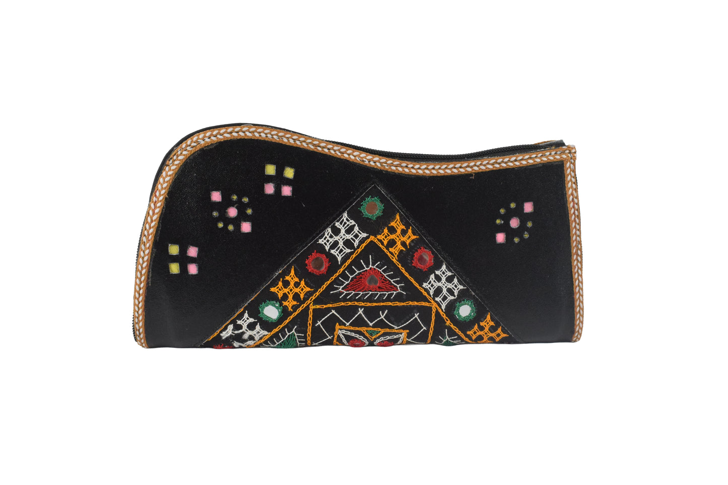 Leather Craft Punch Work Pure Leather Hand Embroidered Bavalia Work Clutch Mirror Work - 25 cms Length    -  SKU : AB02C01A