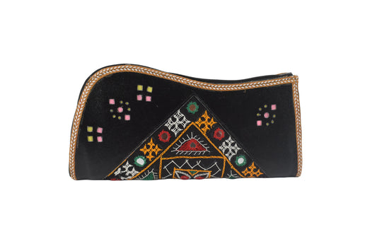Leather Craft Punch Work Pure Leather Hand Embroidered Bavalia Work Clutch Mirror Work - 25 cms Length    -  SKU : AB02C01A