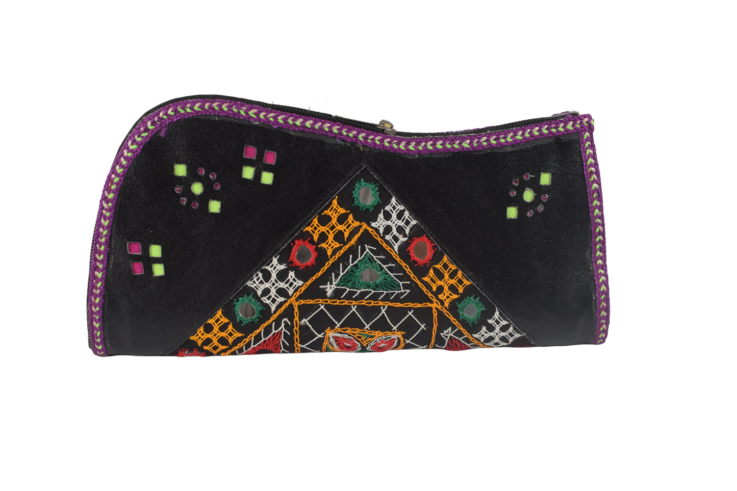 Leather Craft Punch Work Pure Leather Hand Embroidered Bavalia Work Clutch Mirror Work - 25 cms Length    -  SKU : AB02C01B