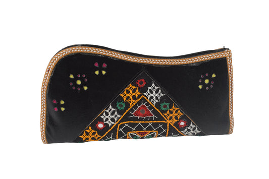 Leather Craft Punch Work Pure Leather Hand Embroidered Bavalia Work Clutch Mirror Work - 25 cms Length    -  SKU : AB02C01C
