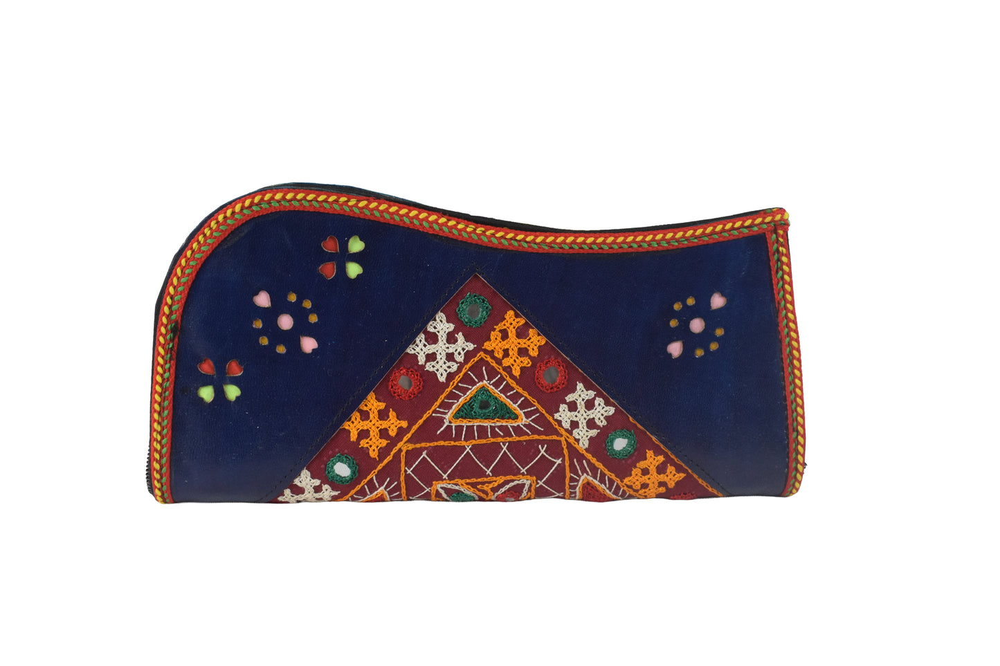 Leather Craft Punch Work Pure Leather Hand Embroidered Bavalia Work Clutch Mirror Work - 25 cms Length    -  SKU : AB02C01H