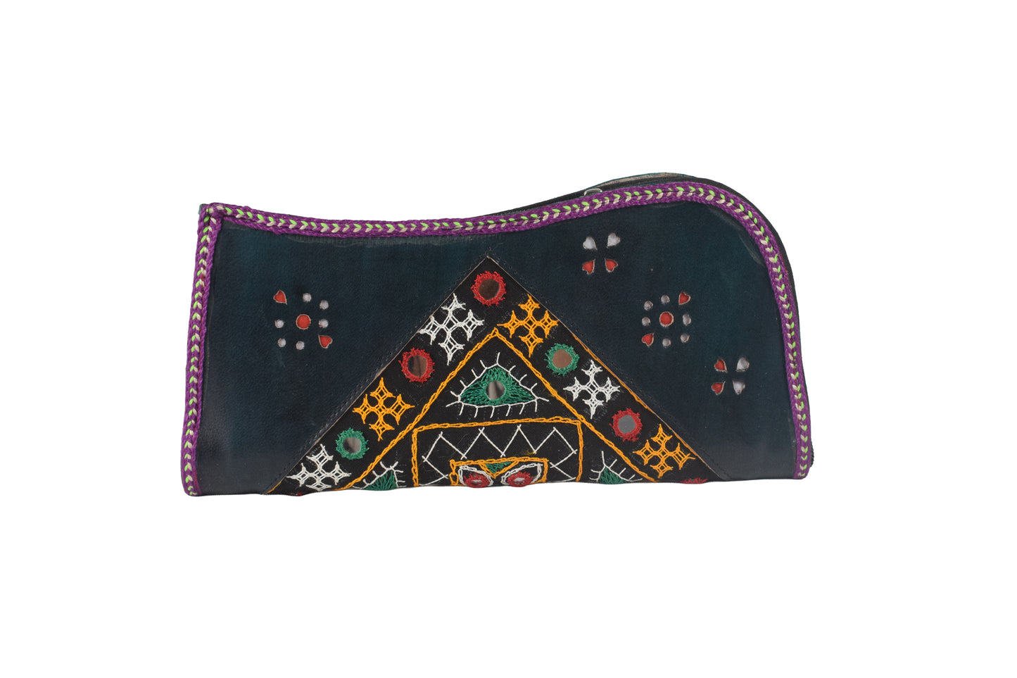 Leather Craft Punch Work Pure Leather Hand Embroidered Bavalia Work Clutch Mirror Work - 25 cms Length    -  SKU : AB02C01D