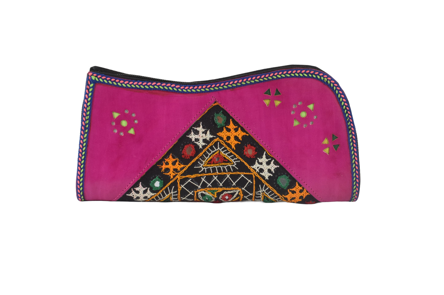 Leather Craft Punch Work Pure Leather Hand Embroidered Bavalia Work Clutch Mirror Work - 25 cms Length    -  SKU : AB02C01G