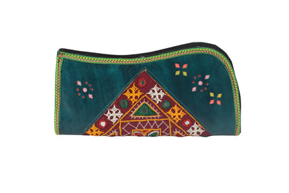 Leather Craft Punch Work Pure Leather Hand Embroidered Bavalia Work Clutch Mirror Work - 25 cms Length    -  SKU : AB02C01E
