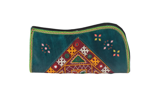 Leather Craft Punch Work Pure Leather Hand Embroidered Bavalia Work Clutch Mirror Work - 25 cms Length    -  SKU : AB02C01E