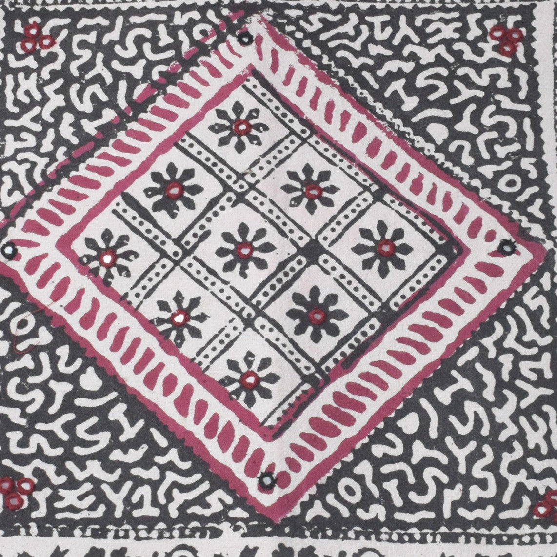 Bela Print Cotton Small Mirror Work Hand Block Print Cushion Cover  - 43 cms Length    -  SKU : KU28C03B