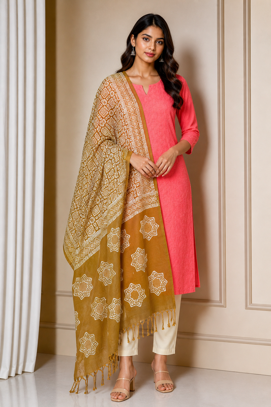Wax Batik Chanderi Silk Hand Block Print Dupatta   - 2.25 Mtr Length  -  SKU: RA25803A