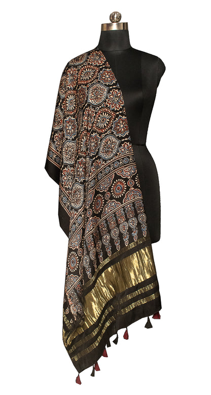 Ajrakh Modal Silk Natural Dye Hand Block Print Dupatta  with Golden Border - 2.5 Mtr Length    -  SKU : HM24601F