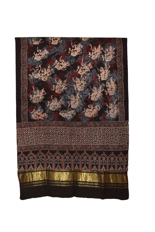 Ajrakh Modal Silk Natural Dye Hand Block Print Dupatta  with Golden Border - 2.5 Mtr Length    -  SKU : MS16301K