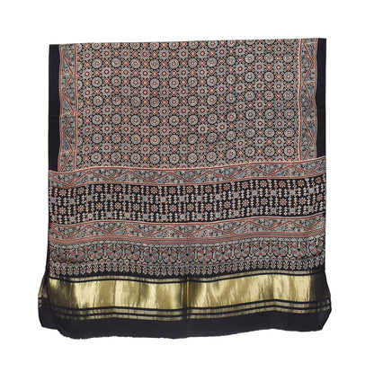 Ajrakh Modal Silk Natural Dye Hand Block Print Dupatta with Golden Border - 2.5 Mtr Length    -  SKU : AI21B01E