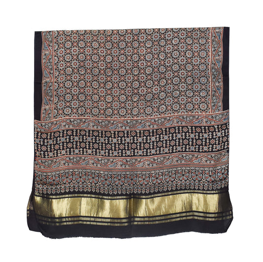 Ajrakh Modal Silk Natural Dye Hand Block Print Dupatta with Golden Border - 2.5 Mtr Length    -  SKU : AI21B01E