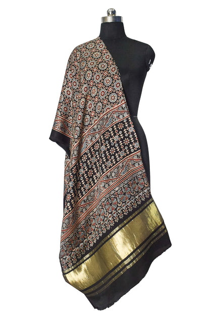 Ajrakh Modal Silk Natural Dye Hand Block Print Dupatta with Golden Border - 2.5 Mtr Length    -  SKU : AI21B01E