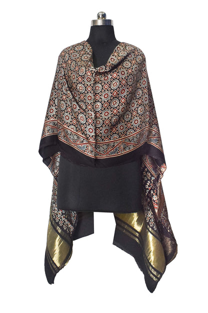 Ajrakh Modal Silk Natural Dye Hand Block Print Dupatta with Golden Border - 2.5 Mtr Length    -  SKU : AI21B01E