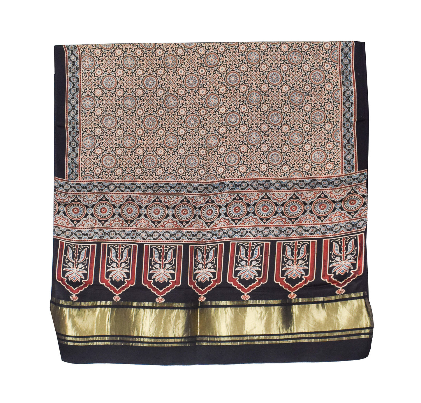 Ajrakh Modal Silk Natural Dye Hand Block Print Dupatta with Golden Border - 2.5 Mtr Length    -  SKU : AI21B01J