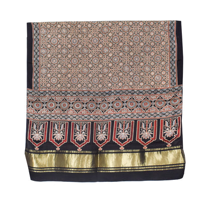 Ajrakh Modal Silk Natural Dye Hand Block Print Dupatta with Golden Border - 2.5 Mtr Length    -  SKU : AI21B01J