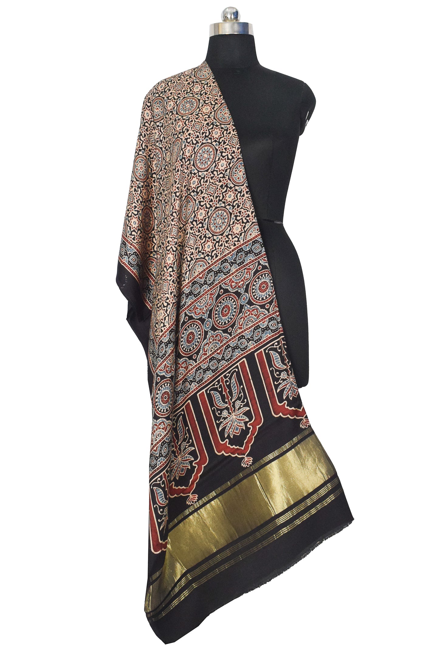 Ajrakh Modal Silk Natural Dye Hand Block Print Dupatta with Golden Border - 2.5 Mtr Length    -  SKU : AI21B01J