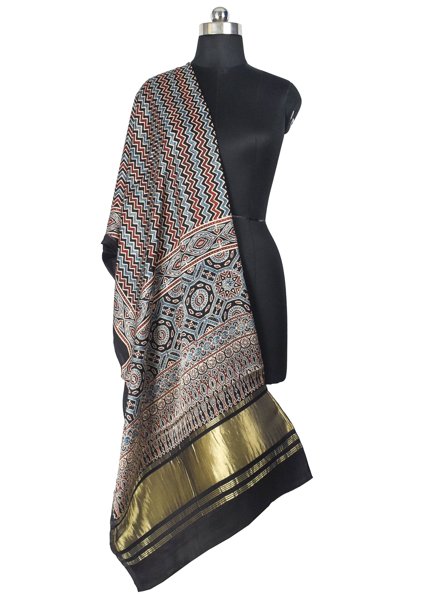 Ajrakh Modal Silk Natural Dye Hand Block Print Dupatta with Golden Border - 2.5 Mtr Length    -  SKU : AI21B01O