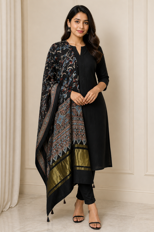 Ajrakh Modal Silk Natural Dye Hand Block Print Dupatta with Golden Border - 2.5 Mtr Length    -  SKU : AI21B01Q