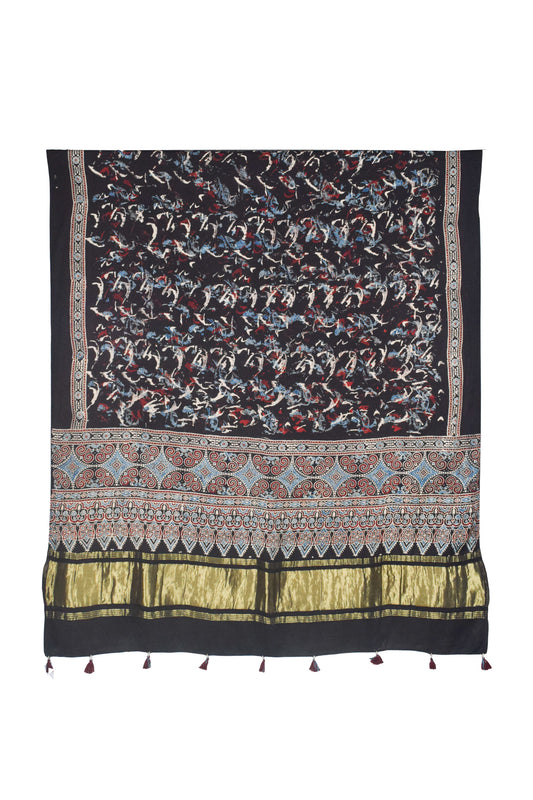 Ajrakh Modal Silk Natural Dye Hand Block Print Dupatta with Golden Border - 2.5 Mtr Length    -  SKU : AI21B01Q