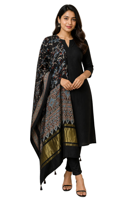 Ajrakh Modal Silk Natural Dye Hand Block Print Dupatta with Golden Border - 2.5 Mtr Length    -  SKU : AI21B01Q