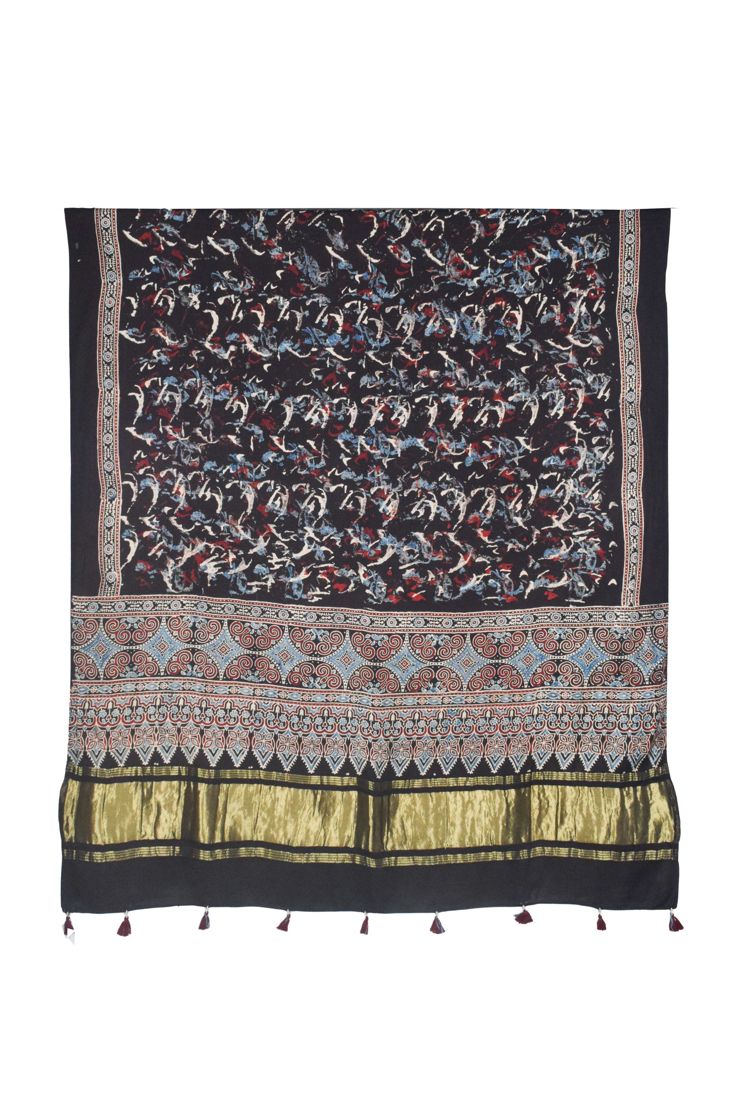 Ajrakh Modal Silk Natural Dye Hand Block Print Dupatta with Golden Border - 2.5 Mtr Length    -  SKU : AI21B01Q