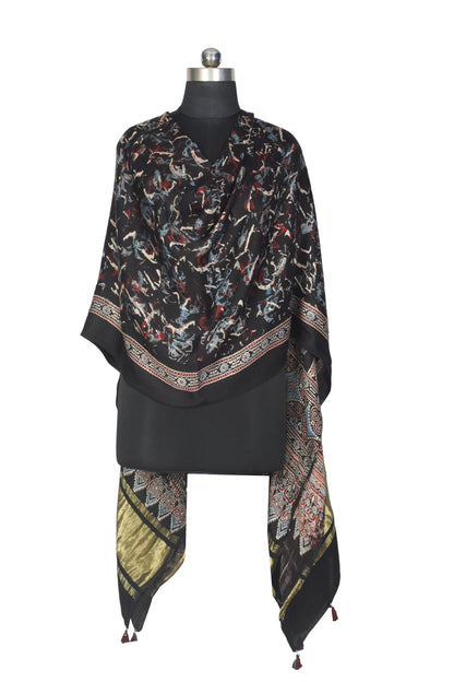 Ajrakh Modal Silk Natural Dye Hand Block Print Dupatta with Golden Border - 2.5 Mtr Length    -  SKU : AI21B01Q