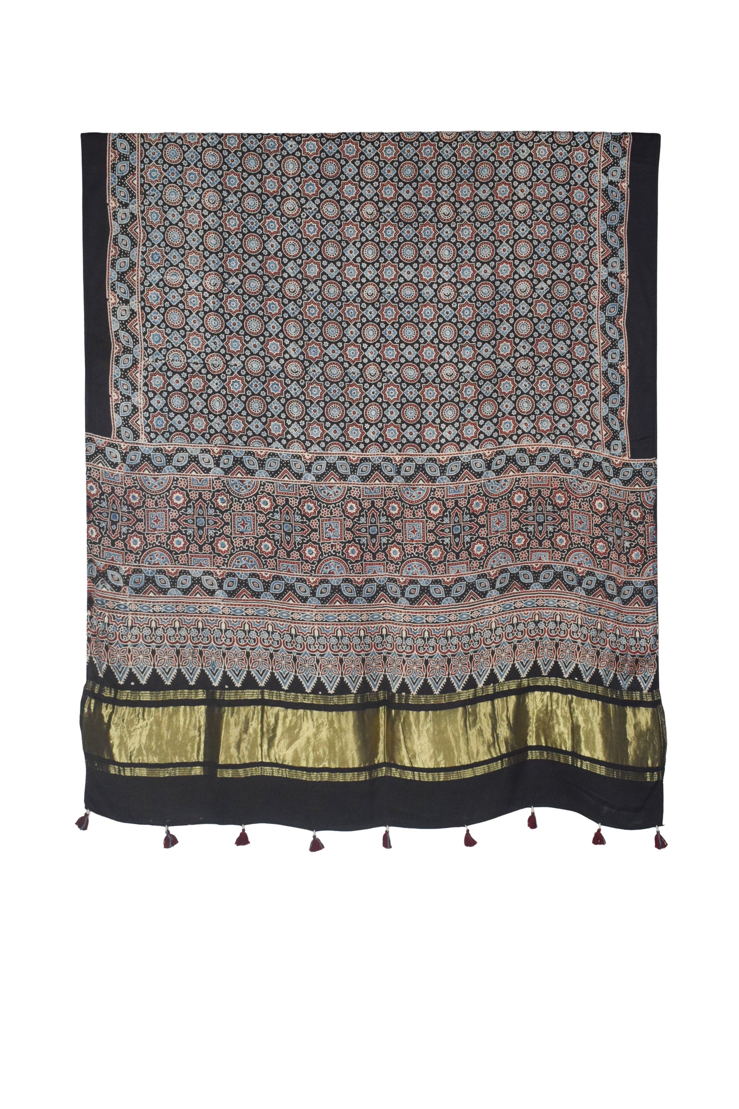 Ajrakh Modal Silk Natural Dye Hand Block Print Dupatta with Golden Border - 2.5 Mtr Length    -  SKU : AI21B01R