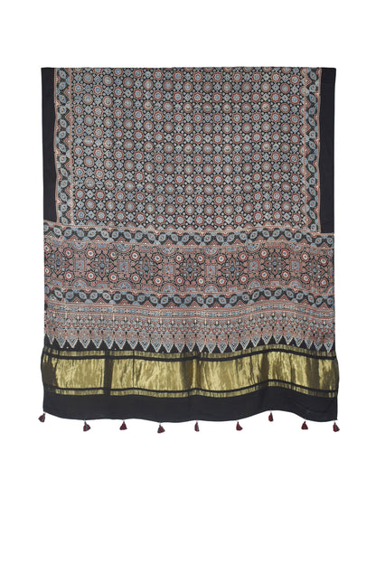 Ajrakh Modal Silk Natural Dye Hand Block Print Dupatta with Golden Border - 2.5 Mtr Length    -  SKU : AI21B01R