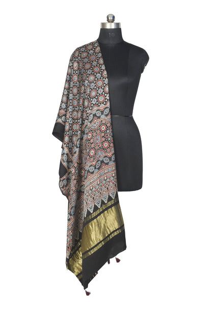 Ajrakh Modal Silk Natural Dye Hand Block Print Dupatta with Golden Border - 2.5 Mtr Length    -  SKU : AI21B01R
