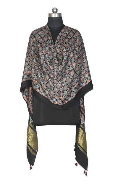 Ajrakh Modal Silk Natural Dye Hand Block Print Dupatta with Golden Border - 2.5 Mtr Length    -  SKU : AI21B01R