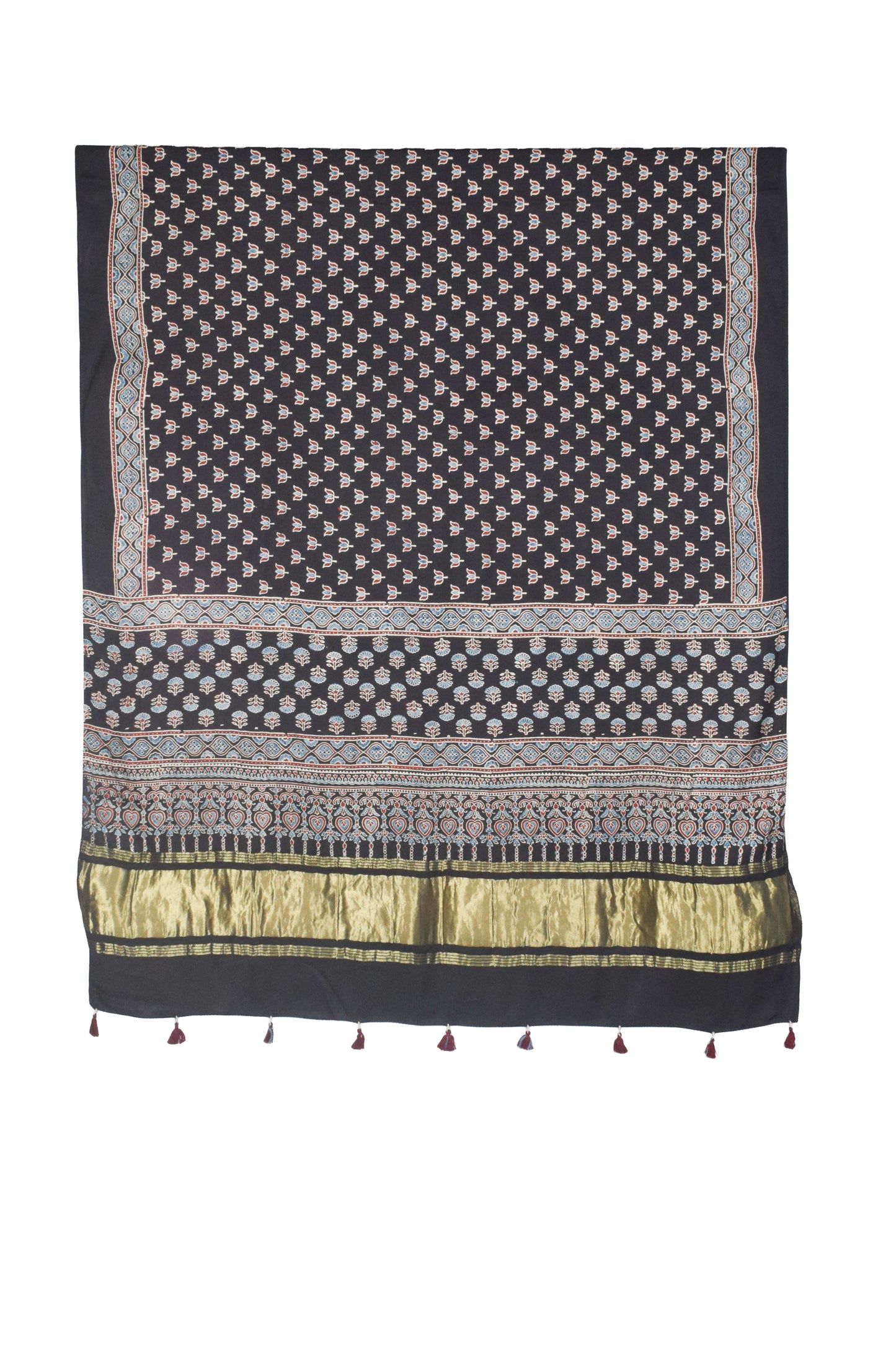 Ajrakh Modal Silk Natural Dye Hand Block Print Dupatta with Golden Border - 2.5 Mtr Length    -  SKU : AI21B01S