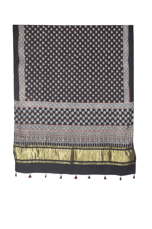 Ajrakh Modal Silk Natural Dye Hand Block Print Dupatta with Golden Border - 2.5 Mtr Length    -  SKU : AI21B01S