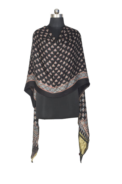 Ajrakh Modal Silk Natural Dye Hand Block Print Dupatta with Golden Border - 2.5 Mtr Length    -  SKU : AI21B01S