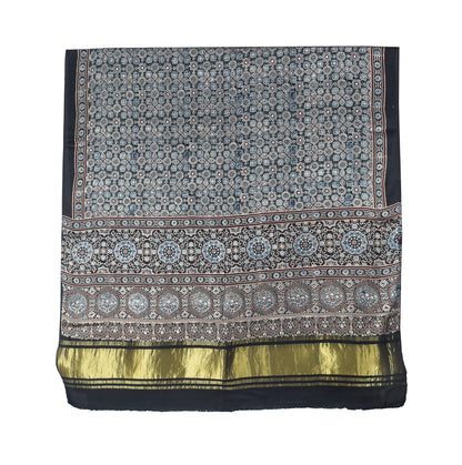 Ajrakh Modal Silk Natural Dye Hand Block Print Dupatta with Golden Border - 2.5 Mtr Length    -  SKU : AI21B01T