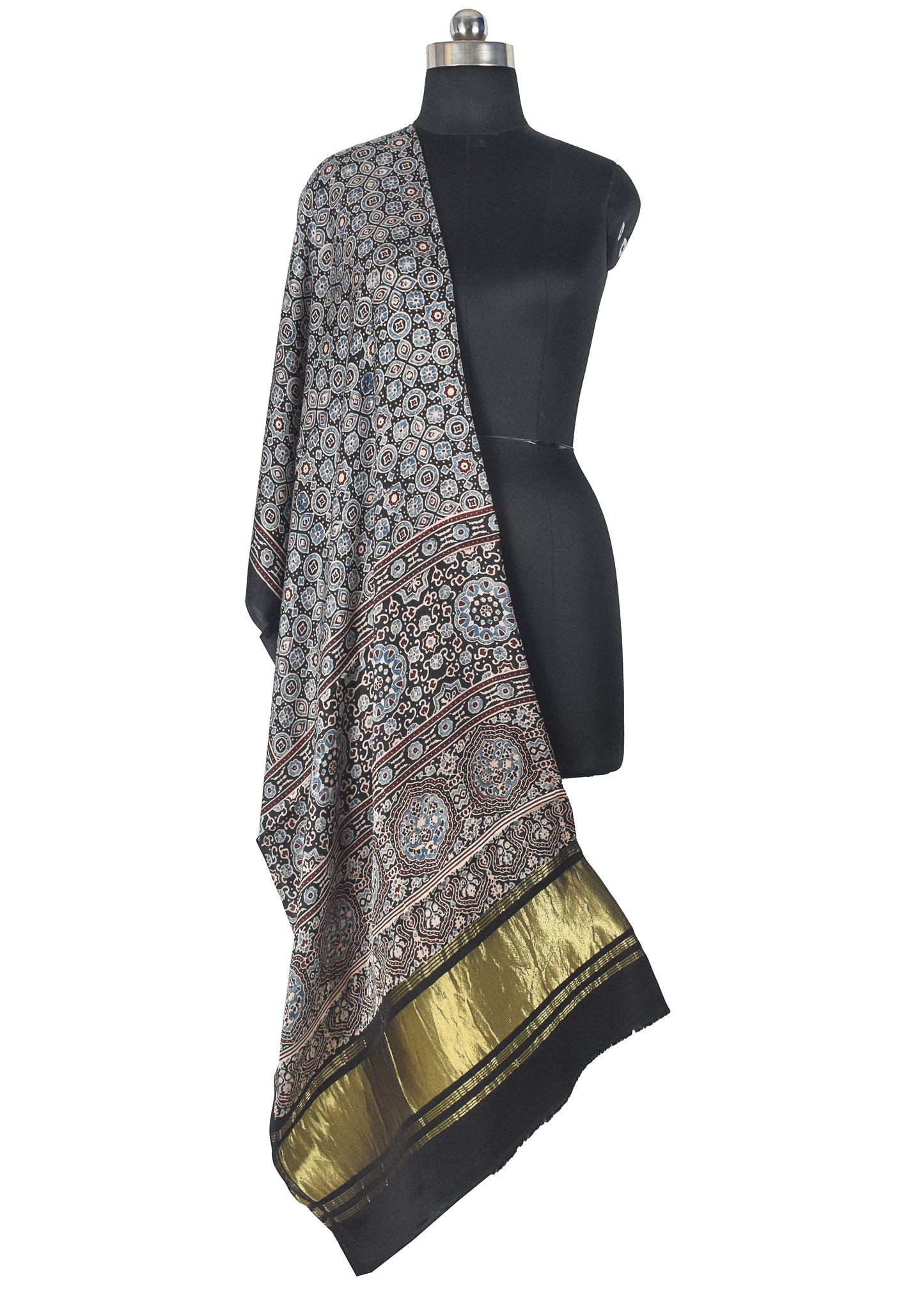 Ajrakh Modal Silk Natural Dye Hand Block Print Dupatta with Golden Border - 2.5 Mtr Length    -  SKU : AI21B01T