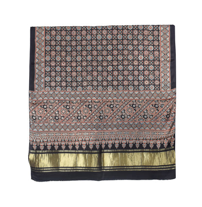 Ajrakh Modal Silk Natural Dye Hand Block Print Dupatta with Golden Border - 2.5 Mtr Length    -  SKU : AI21B01X