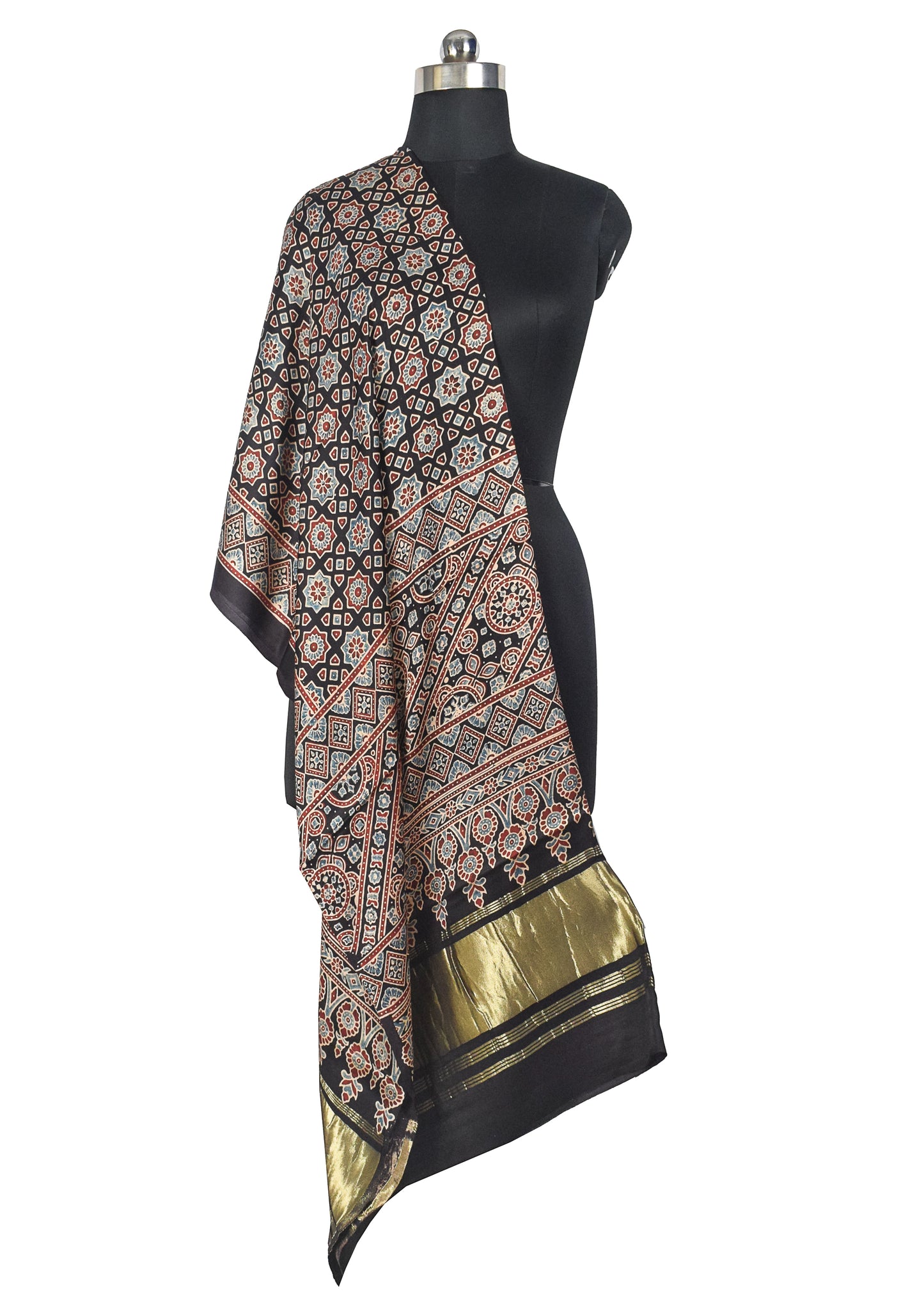 Ajrakh Modal Silk Natural Dye Hand Block Print Dupatta with Golden Border - 2.5 Mtr Length    -  SKU : AI21B01X