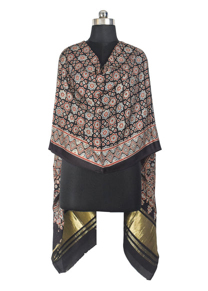 Ajrakh Modal Silk Natural Dye Hand Block Print Dupatta with Golden Border - 2.5 Mtr Length    -  SKU : AI21B01X