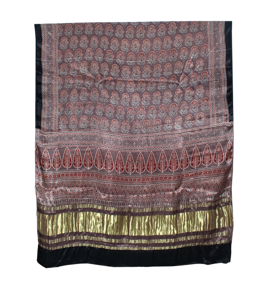 Ajrakh Modal Silk Natural Dye Hand Block Print Dupatta   with Golden Border  - 2.5 Mtr Length    -  SKU : ID21202C