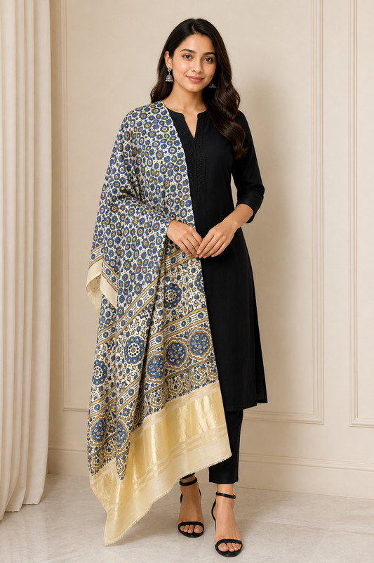 Ajrakh Modal Silk Natural Dye Hand Block Print Dupatta with Golden Border - 2.5 Mtr Length    -  SKU : AI21B01L