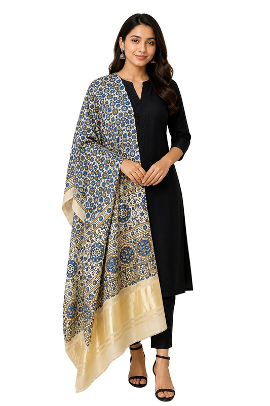 Ajrakh Modal Silk Natural Dye Hand Block Print Dupatta with Golden Border - 2.5 Mtr Length    -  SKU : AI21B01L