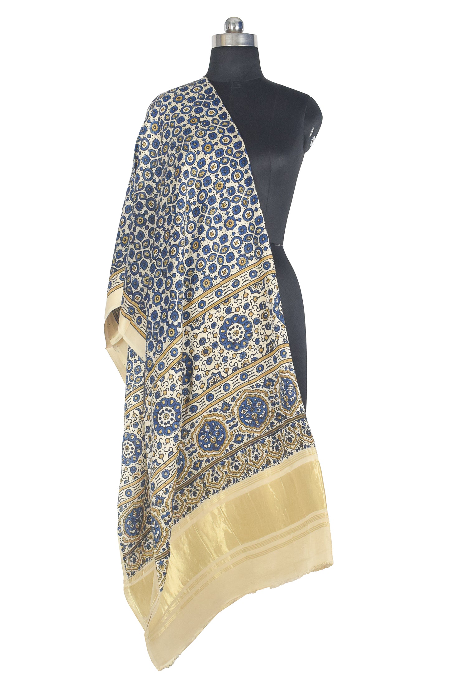 Ajrakh Modal Silk Natural Dye Hand Block Print Dupatta with Golden Border - 2.5 Mtr Length    -  SKU : AI21B01L