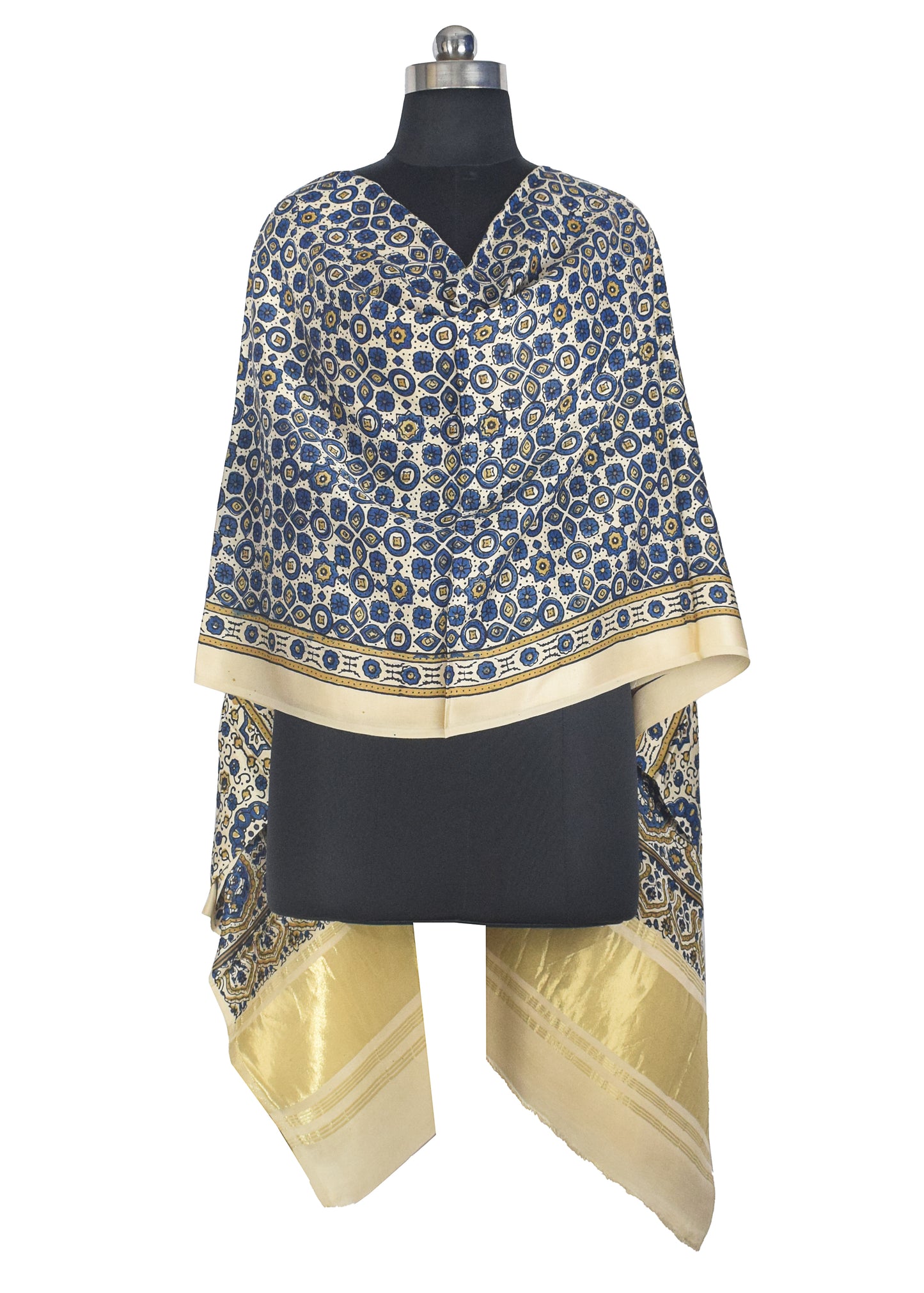 Ajrakh Modal Silk Natural Dye Hand Block Print Dupatta with Golden Border - 2.5 Mtr Length    -  SKU : AI21B01L