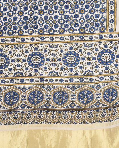 Ajrakh Modal Silk Natural Dye Hand Block Print Dupatta with Golden Border - 2.5 Mtr Length    -  SKU : AI21B01L