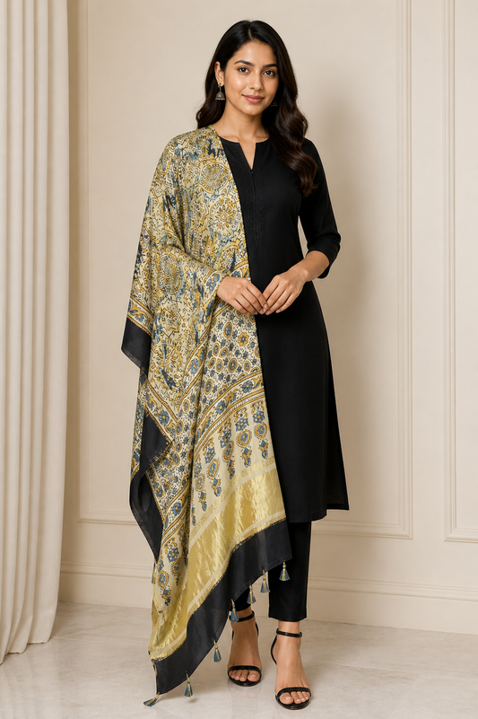 Ajrakh Modal Silk Natural Dye Hand Block Print Dupatta with Golden Border - 2.5 Mtr Length    -  SKU : AI21B01M