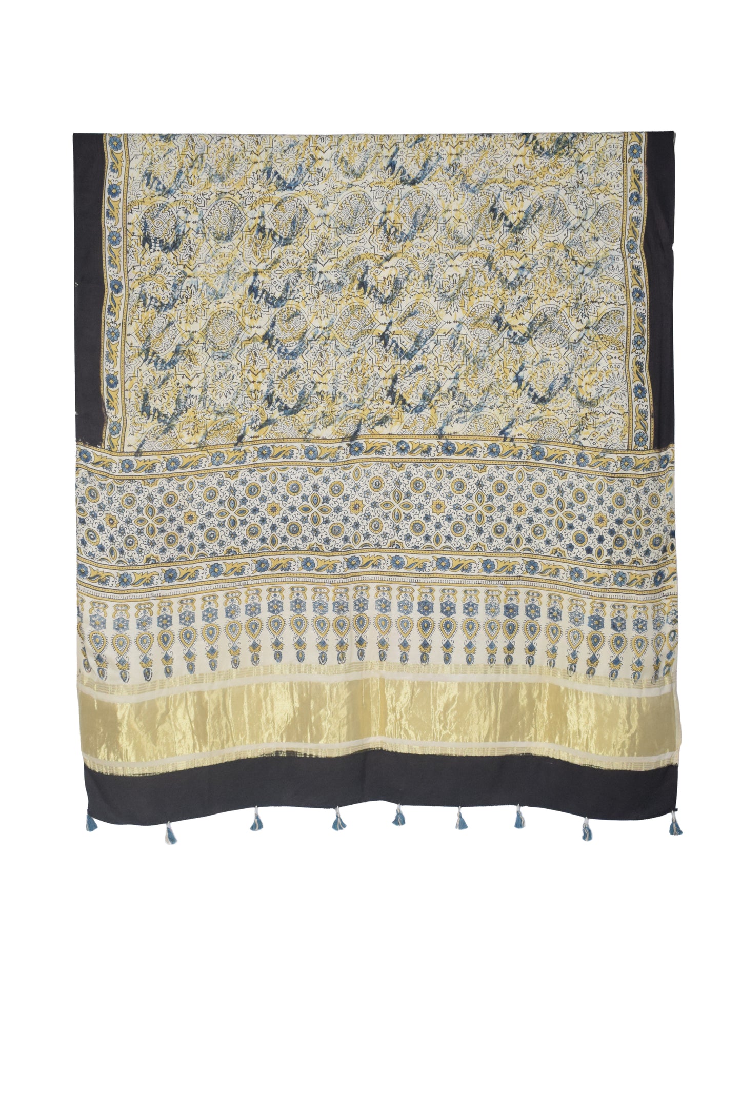 Ajrakh Modal Silk Natural Dye Hand Block Print Dupatta with Golden Border - 2.5 Mtr Length    -  SKU : AI21B01M