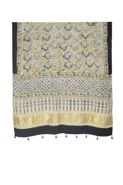Ajrakh Modal Silk Natural Dye Hand Block Print Dupatta with Golden Border - 2.5 Mtr Length    -  SKU : AI21B01M