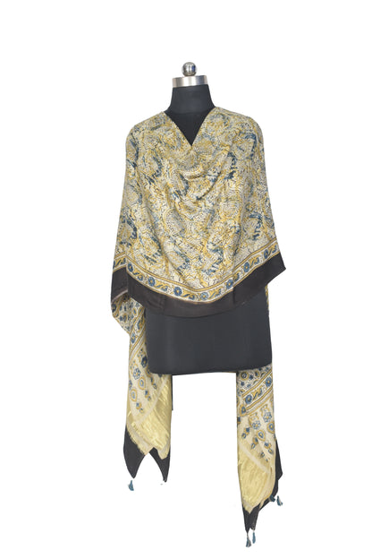 Ajrakh Modal Silk Natural Dye Hand Block Print Dupatta with Golden Border - 2.5 Mtr Length    -  SKU : AI21B01M