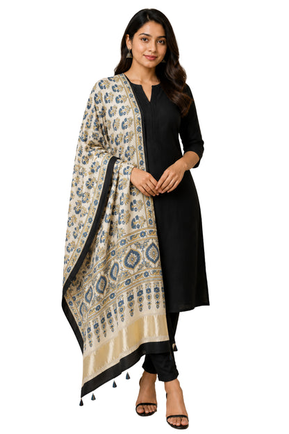 Ajrakh Modal Silk Natural Dye Hand Block Print Dupatta with Golden Border - 2.5 Mtr Length    -  SKU : AI21B01N