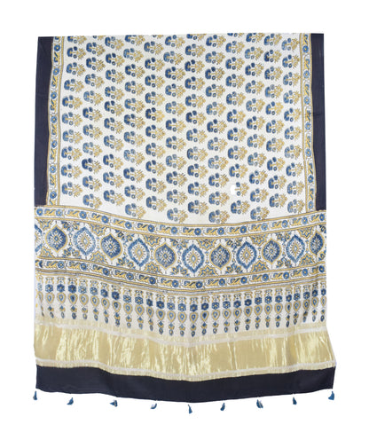 Ajrakh Modal Silk Natural Dye Hand Block Print Dupatta with Golden Border - 2.5 Mtr Length    -  SKU : AI21B01N